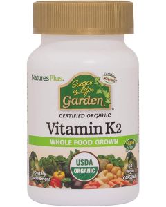 Nature's Plus Source of Life Garden Organic Vitamin K2 (Menaquinone-7) - 120 mcg, 60 Vegan Capsules - Certified, Vegetarian, Gluten Free - 60 Servings